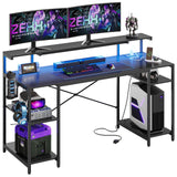 Bestier 55 inch Gaming Desk with Power Outlets & LED Lights, Computer Desk with Monitor Stand & Adjustable Shelves, Home Office Desk with Cup Holder & Hook, Black 3D Carbon Fiber Bestier