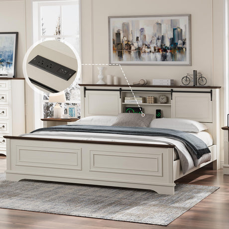 BOSHIRO Farmhouse King Size Bed Frame with Storage Bookcase Headboard, Bed Frame Wood Platform w/Charging Station, Bracket Footboard, 2 Large Sliding Barn Doors, No Box Spring Needed-Antique White BOSHIRO