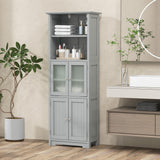 COSTWAY 64” Grey Freestanding Bathroom Storage Cabinet with Glass Doors and Adjustable Shelves COSTWAY