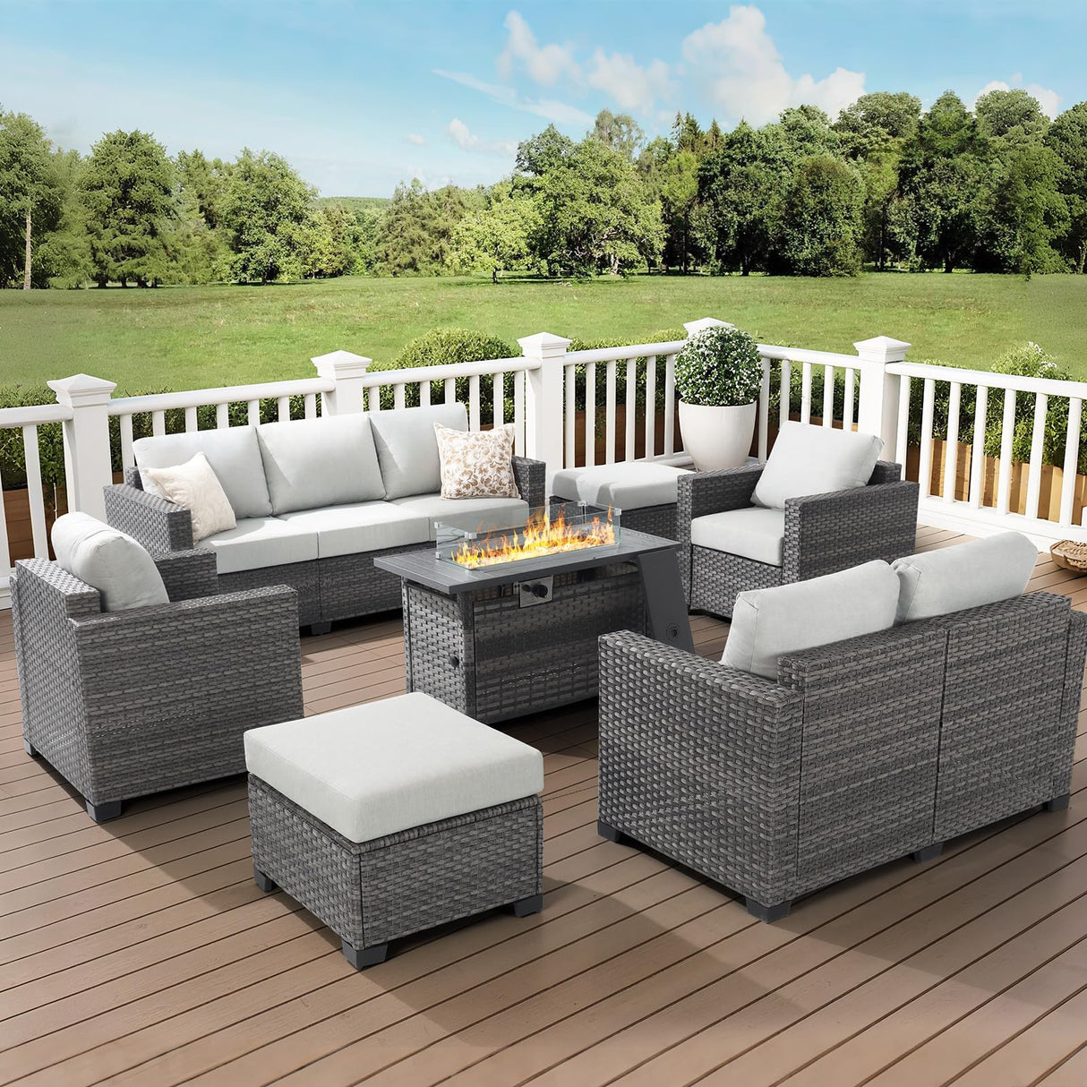 ABCASA Patio Furniture Set with Fire Pit Table, 44'' 60,000 BTU Flame Comfortable 10 Pieces Wicker Rattan Outdoor Furniture Set w/Soft Cushion, Patio Conversation Sets for Porch,Deck,Poolside,Grey ABCASA