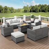 ABCASA Patio Furniture Set with Fire Pit Table, 44'' 60,000 BTU Flame Comfortable 10 Pieces Wicker Rattan Outdoor Furniture Set w/Soft Cushion, Patio Conversation Sets for Porch,Deck,Poolside,Grey ABCASA