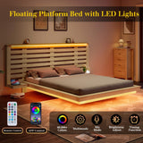 Albott Farmhouse Floating Bed Frame with Extended Headboard, LED Lights & Integrated Charging Station - Natural Oak Albott