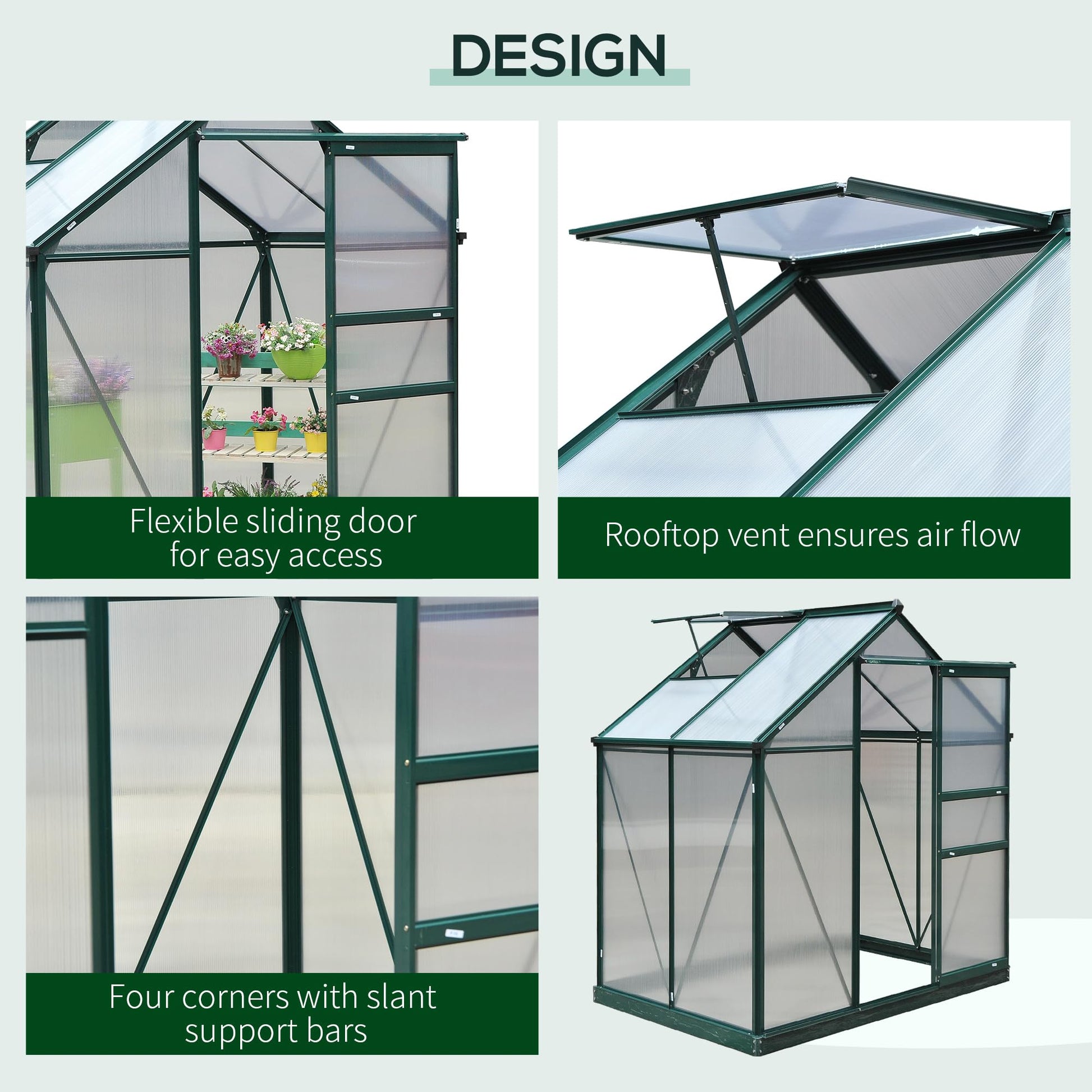 Outsunny 6' x 4' x 6.5' Polycarbonate Greenhouse, Heavy Duty Outdoor Aluminum Walk-in Green House Kit with Rain Gutter, Vent and Door for Backyard Garden, Dark Green - WoodArtSupply