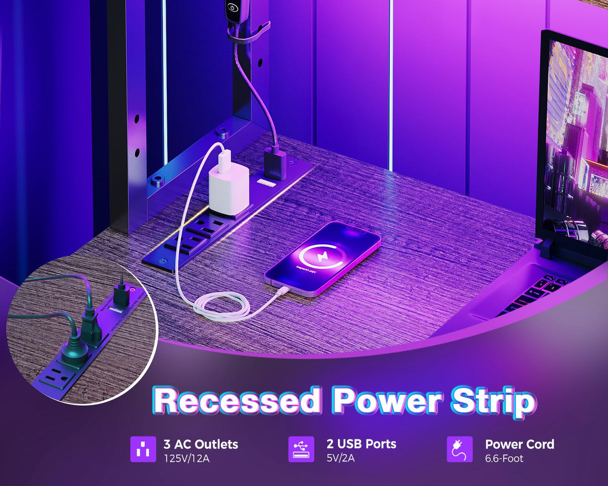 AODK L Shaped Desk Gaming Desk with LED Light & Power Outlet, 53 Inch Reversible L Shaped Computer Desk with Shelf, Corner Desk with Storage Bag&Hook for Home Office Desk, Grey Oak AODK