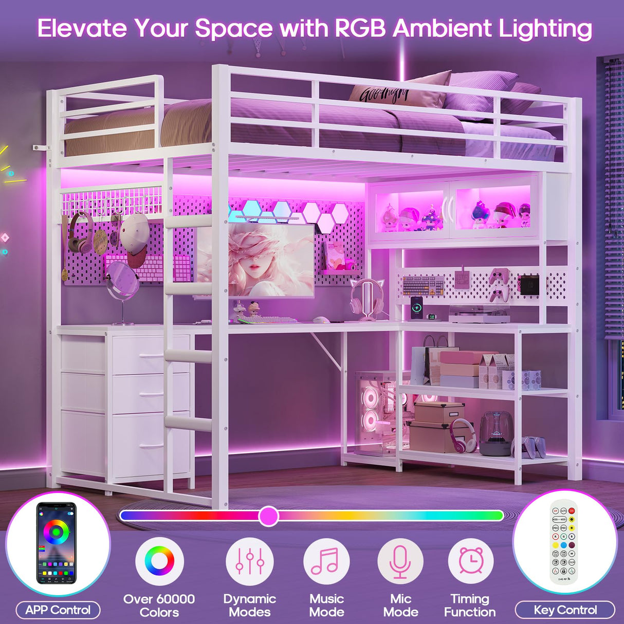 ADORNEVE Twin Size Loft Bed with L-Shaped Desk, Storage Drawers & RGB Arcylic Cabinet, Expanded Safety Power Outlet, Metal LED Loft Bed Frame with Wide Ladder, for Teen Girls, White ADORNEVE