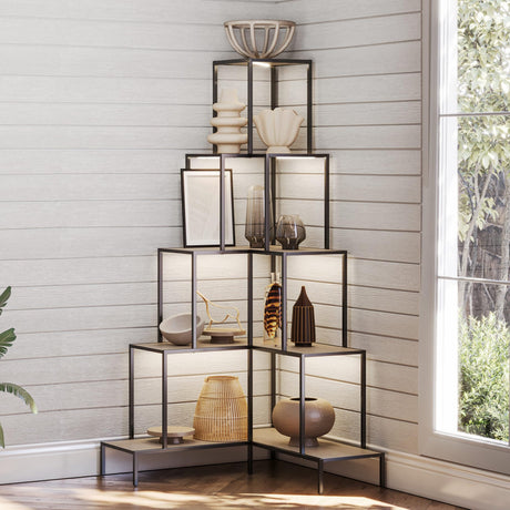 BELLEZE 5-Tier L-Shaped Corner Bookshelf with RGB Lighting & Remote Control, 66" Tall Display and Storage Rack in Nature Finish BELLEZE