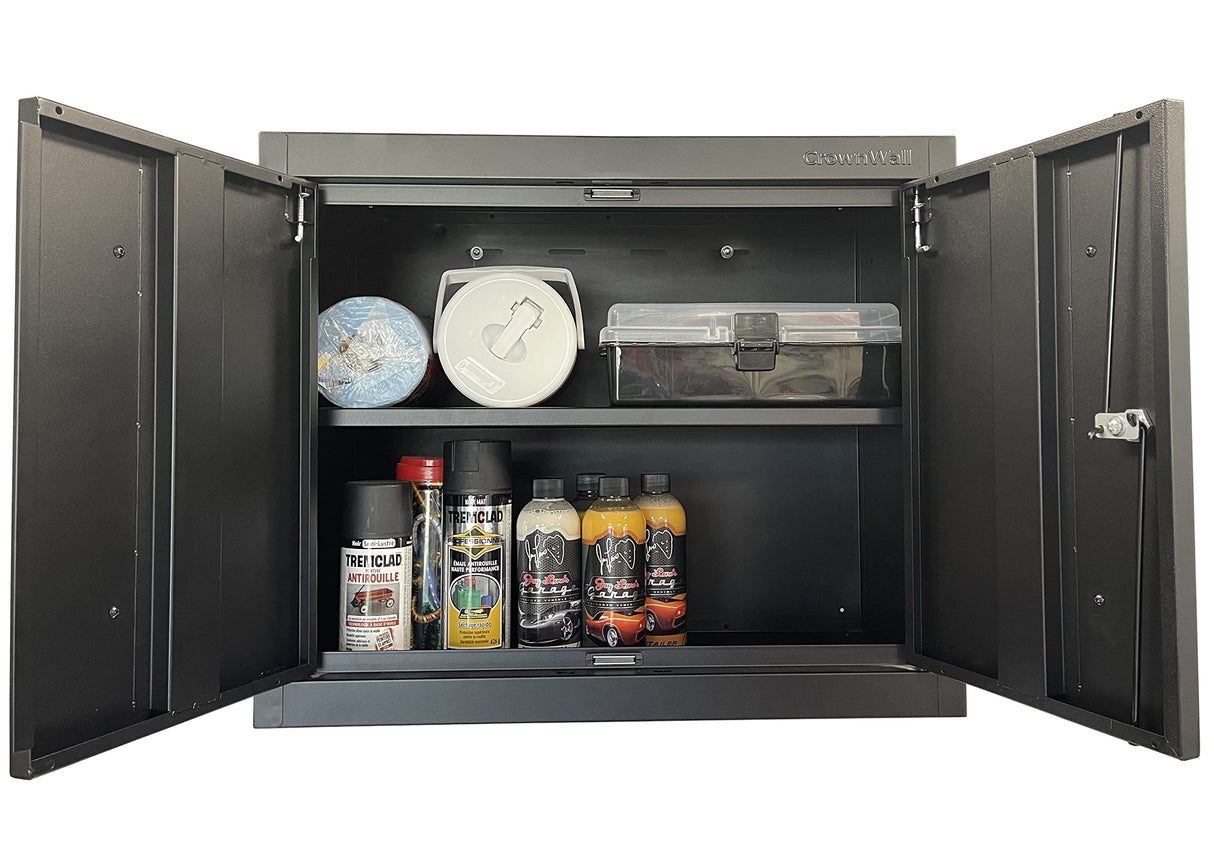 Crownwall Pro Series Fully Assembled Wall Cabinet, Garage Storage, Home Organizer Storage System (Black with Silver Handles) Crownwall