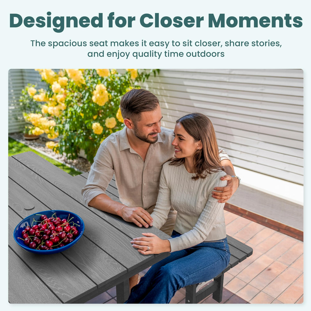 Pamapic 5 PCS Outdoor Dining Set, Spacious HDPE Outdoor Table with 2 Chairs and 2 Bench, Wood Grain Patio Furniture Sets with Elegant Armrest, All-Weather Patio Dining Table with Umbrella Hole, Gray Pamapic