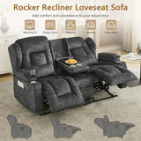 URRED Loveseat Rocker Recliner Sofa with Console, Manual Reclining Loveseat RV Couch Double Rocking Chair Nursery with Cup Holders, Side Pocket, Bluetooth Speaker, USB, Outlets (Grey) URRED