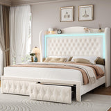 Keyluv 55" Tall Velvet Upholstered King Bed Frame with LED Lights and 2 Storage Drawers Keyluv