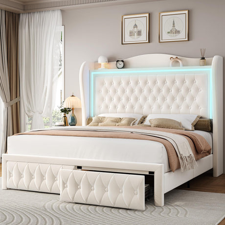 Keyluv 55" Tall Velvet Upholstered King Bed Frame with LED Lights and 2 Storage Drawers Keyluv