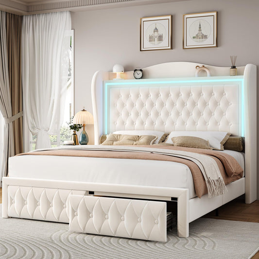 Keyluv 55" Tall Velvet Upholstered King Bed Frame with LED Lights and 2 Storage Drawers - WoodArtSupply