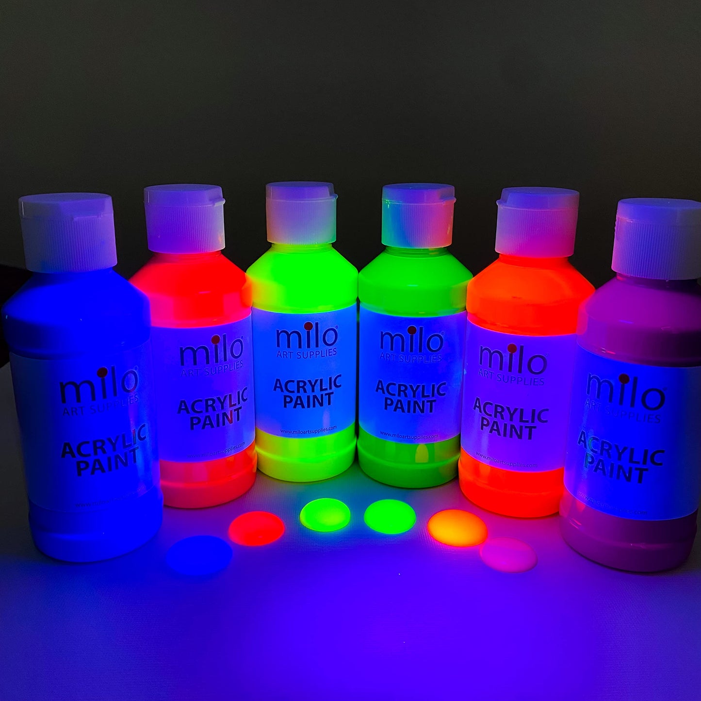 milo Fluorescent Acrylic Paint Set of 6 Colors | 4 oz Bottles | Student Neon Colors Acrylics Painting Pack | Made in the USA | Non-Toxic Art & Craft Paints for Artists, Kids, & Hobby Painters - WoodArtSupply