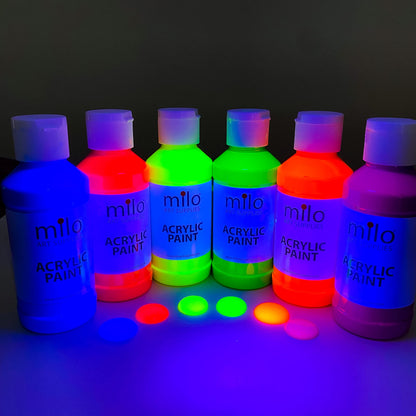 milo Fluorescent Acrylic Paint Set of 6 Colors | 4 oz Bottles | Student Neon Colors Acrylics Painting Pack | Made in the USA | Non-Toxic Art & Craft Paints for Artists, Kids, & Hobby Painters - WoodArtSupply