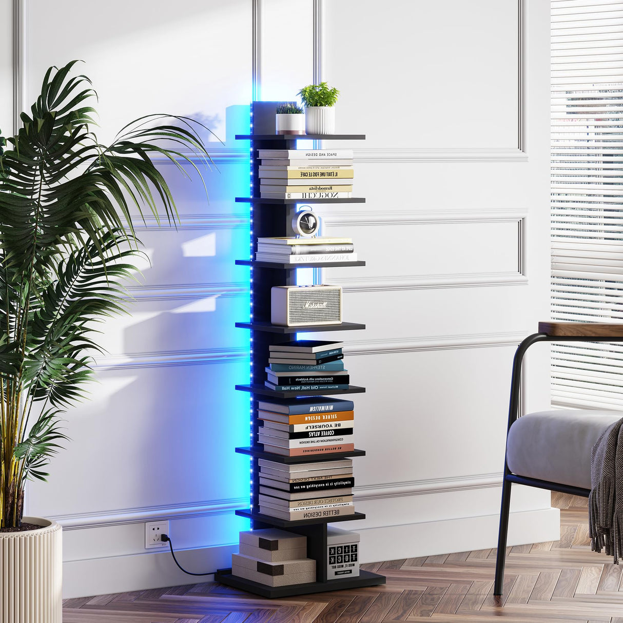 TUTOTAK Narrow Bookshelf, 8-Tier Bookcase with LED Lights, Spine Book Shelf for Small Space, Corner Standing Shelf for Living Room, Office, Study, Entryway, Black BS06BK008L TUTOTAK