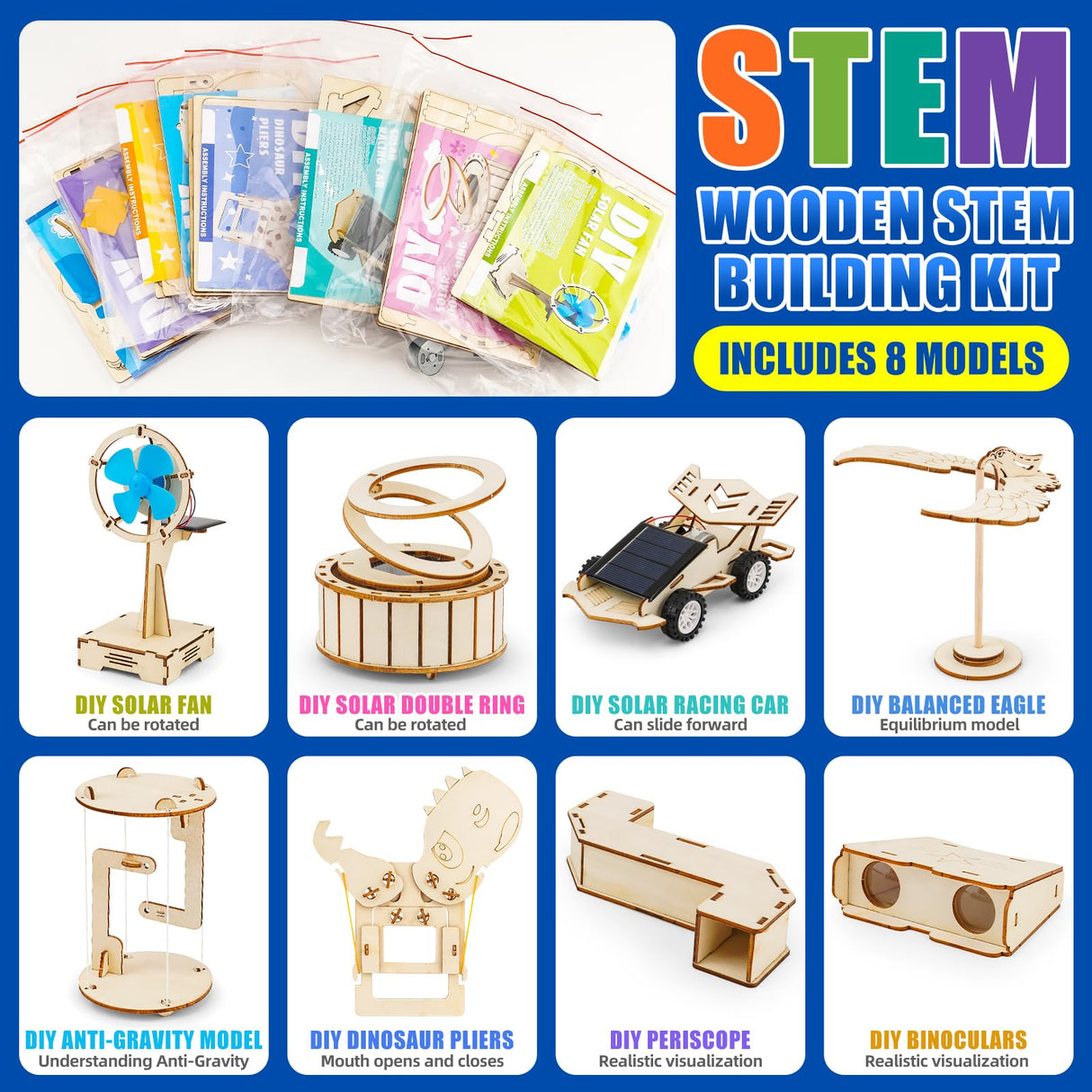 8 in1 STEM Science Kit for Kids Age 8-14, Wooden Physics Experiments & Solar Engineering Kits, Build Solar Car, Anti-Gravity Device, Telescope, Periscope & Dinosaur Claw, Gifts for Boys Girls LUCKY GUESS