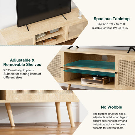 ZttRiee TV Stand for TVs up to 65'', Entertainment Center with Rattan Door, Shelves & 2 Cabinets, Long Boho Media TV Console for Living Room, Natural ZttRiee