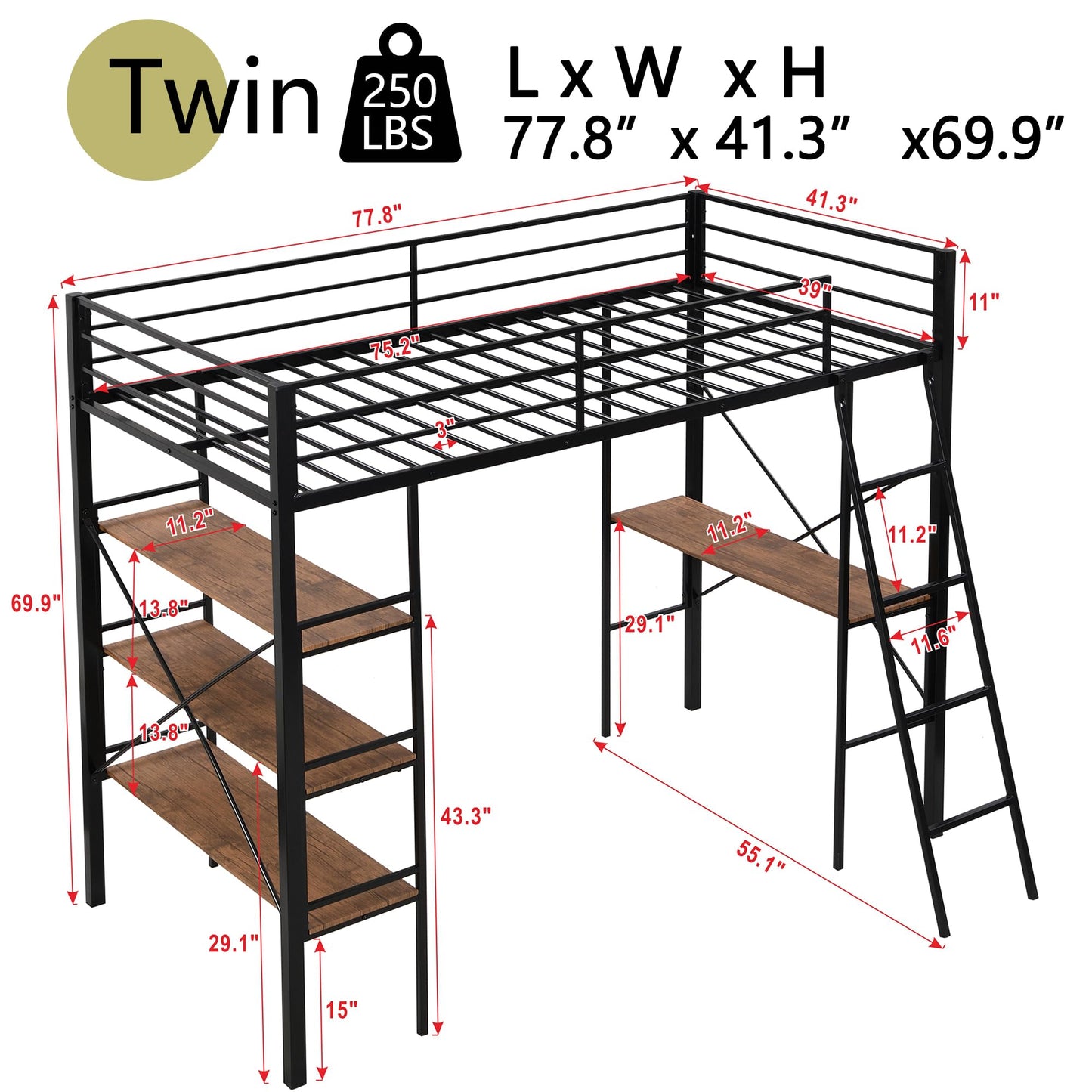 Metal Loft Bed Twin Size, Twin Loft Bed with Desk and Storage Shelves, Twin Size Loft Bed with Guardrail and Ladder, Heavy Duty Loft Bed for Kids, Teens (Twin Black)