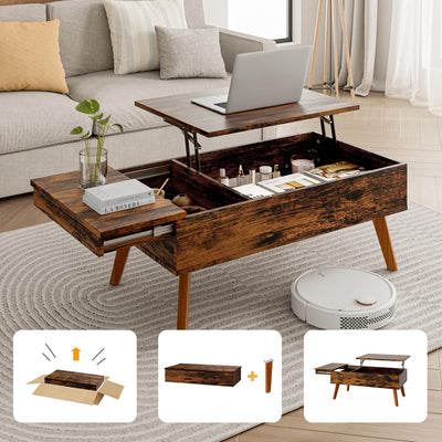 Bidiso Lift Top Coffee Table, Ten Minute Install Coffee Table Center Table with Hidden Storage Compartments, Rising Tabletop Dining Table Coffee Table for Living Room，Rustic Brown