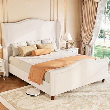 koorlian Queen Bed Frame Chenille Upholstered Platform Bed with Headboard and Footboard, 51" High Deep Tufted Wingback Sleigh Upholstered Bed, Modern Retro Minimalist Style, Easy Assembly, Cream koorlian