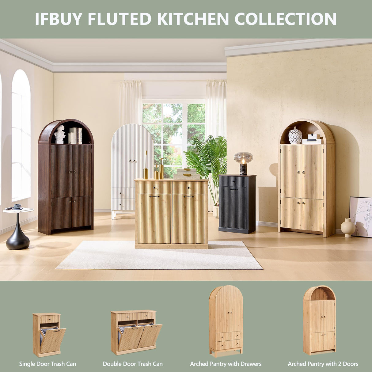 IFGET 71" Tall Arched Pantry Cabinet, Fluted Kitchen Storage Cabinet with Adjustable Shelves and 2 Large Drawers, Freestanding Morden Versatile Cupboard for Living Room, Bathroom, Natrual IFGET