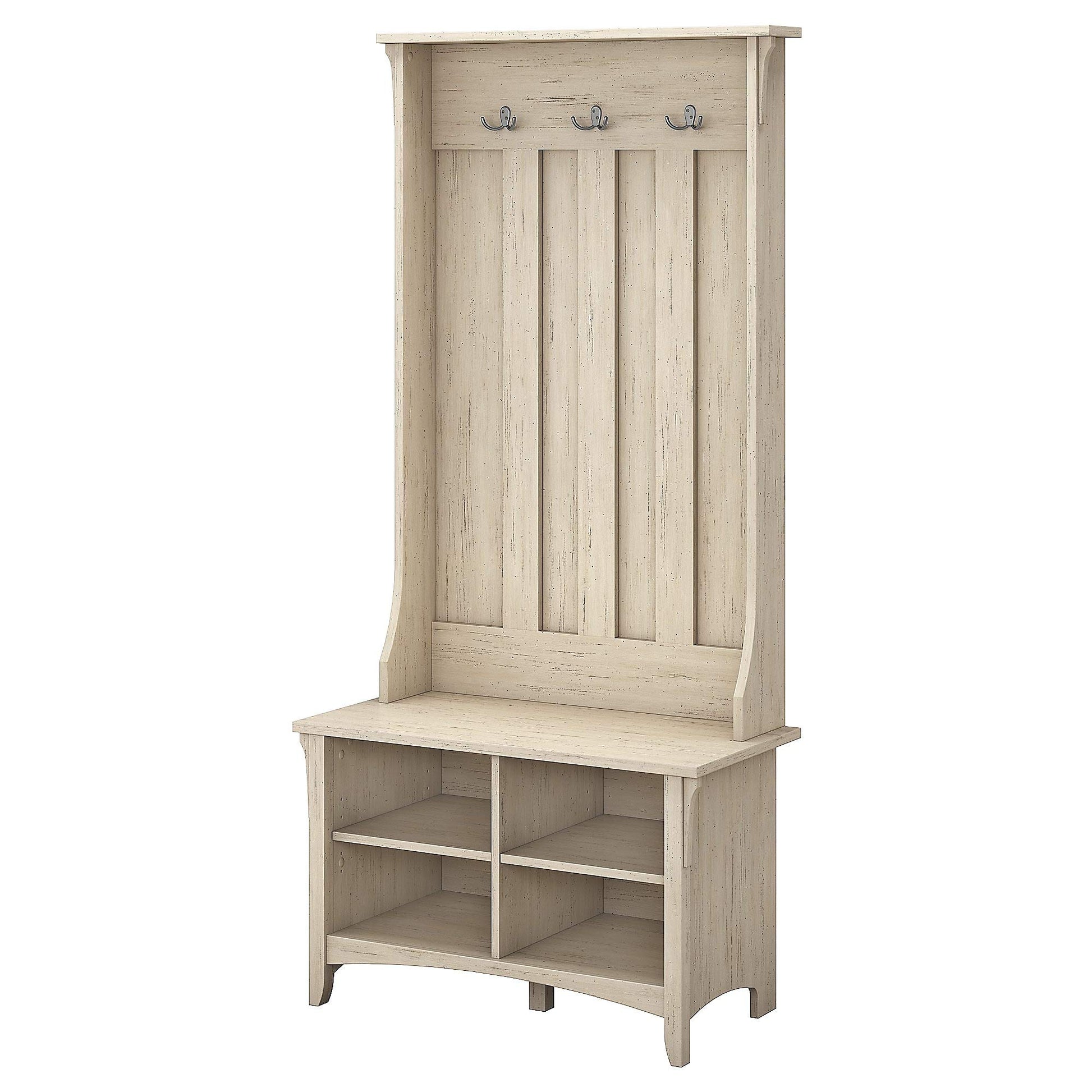 Bush Furniture Salinas Hall Tree with Storage Bench in Antique White - WoodArtSupply