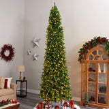 Nearly Natural 12ft. Slim Green Mountain Pine Artificial Christmas Tree with 1100 Clear LED Lights and 3235 Tips Nearly Natural