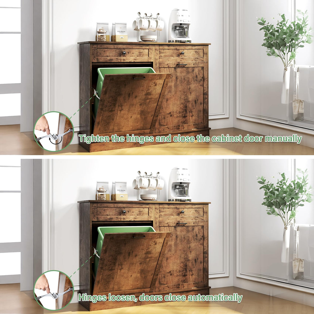 TC-HOMENY Tilt Out Trash Cabinet with Drawer, Free Standing Trash Can Cabinets, Manual and Auto Mode Shutdown Cabinet Door, Recycling Can Cabinet Home, Kitchen, Living Room TC-HOMENY