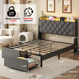 Queen Size Bed Frame with Storage Headboard and 2 Drawers, Upholstered Button Linen Platform Bed frame with Led Lights and Charging Station, No Box Spring Needed, Easy Assembly, Noise Free, Gray TIGUBFRE