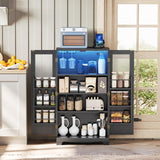 HOOBRO 43" Kitchen Pantry Cabinet, kitchen Storage Cabinet with Power Outlets, Pantry Cabinet with LED Lights and Adjustable Shelf, Pantry Glass Doors Holders, for Kitchen, Dining Room, Black and Gold HOOBRO