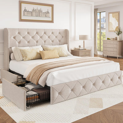 BRELTAM Queen Size Bed Frame with Storage Drawers and Wingback Headboard Linen Upholstered Platform Bed Frame Tufted Beds with Heavy Duty Wood Slats, Noise Free, Easy Assembly, Beige