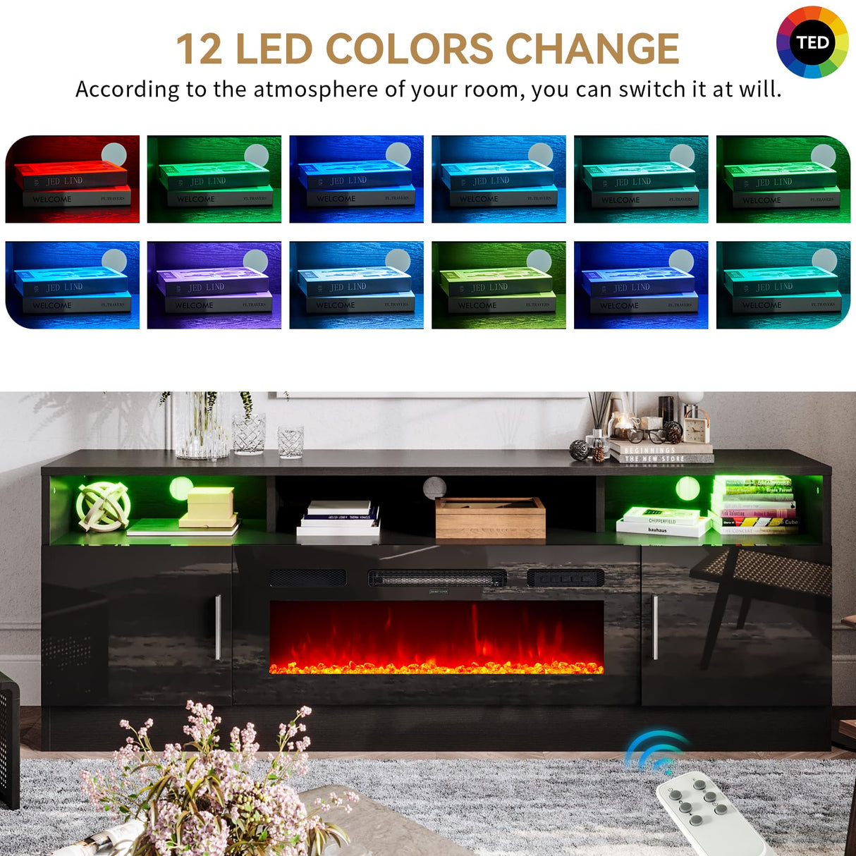 oneinmil 70" Fireplace TV Stand for TVs Up to 80", Electric Fireplace Entertainment Center with LED Lights & Storage Cabinets, Media Console Table for Living Room, Black oneinmil