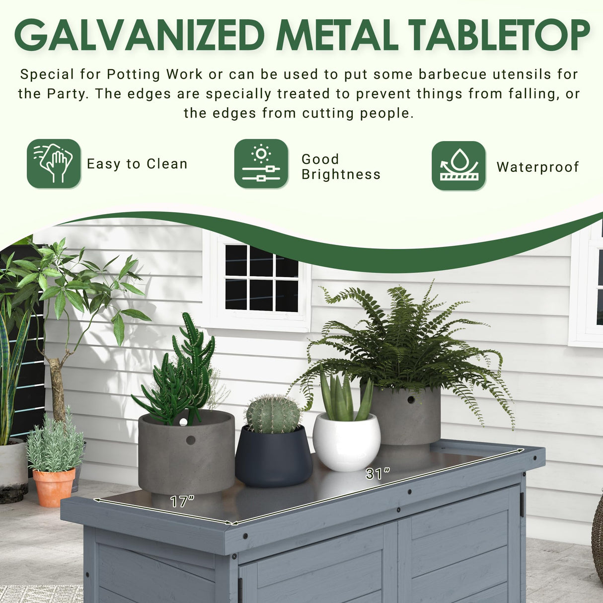 AECOJOY Outdoor Storage Cabinet, Solid Wood Planting Work Bench, Garden Potting Bench Table with Metal Tabletop and Adjustable Shelves, Grey AECOJOY