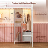 IKIFLY Metal Twin Loft Bed with Desk and Storage Shelves, LED Lights & Charging Station, Loft Bed Frame with 13.4” Guardrail and Ladder, Large Fabric Basket, Clothes Rail, No Box Spring Needed, White IKIFLY