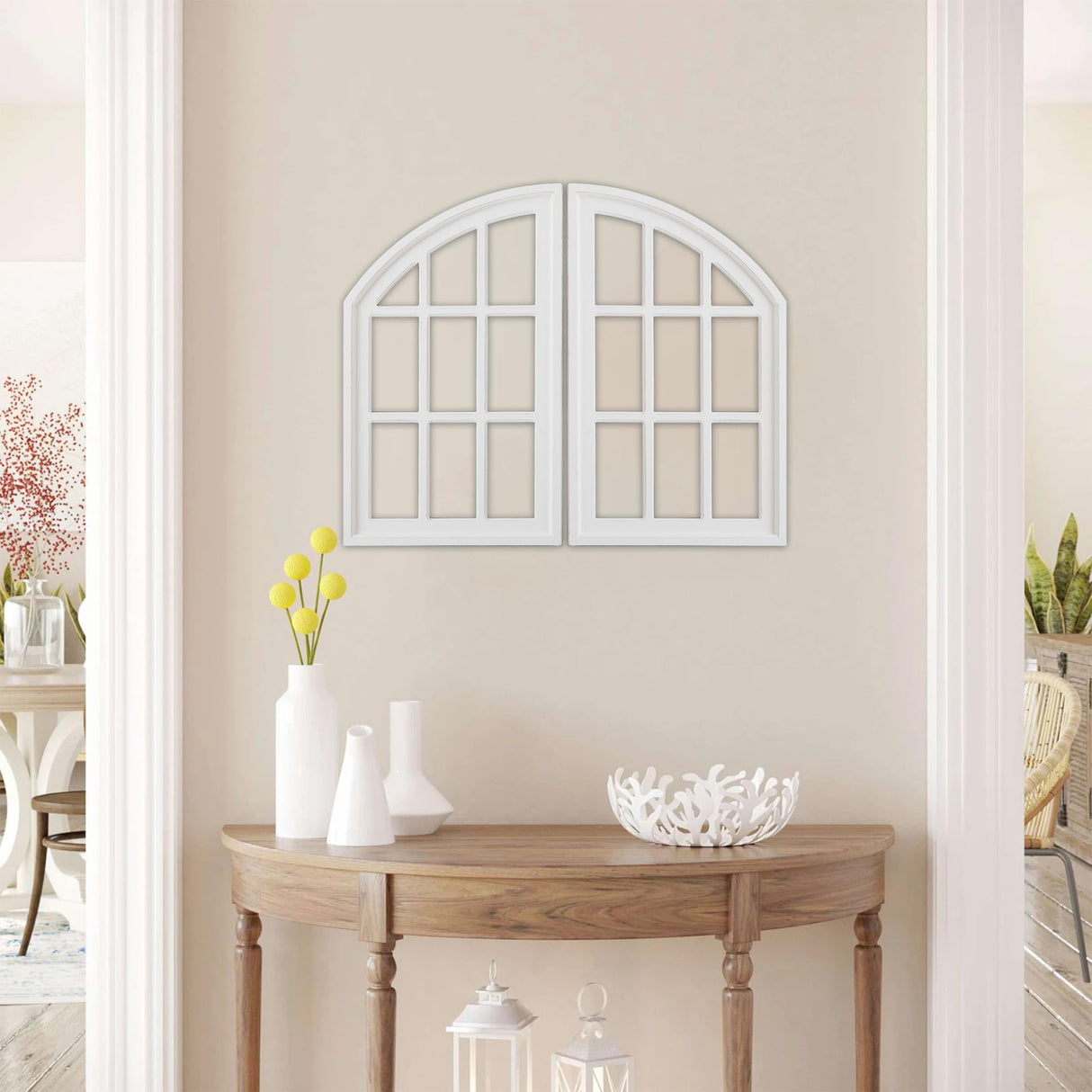 Sintosin Rustic Arch Window Frame Wall Decor 30 X 36 Inch, Set of 2 Wall Hanging Distressed White Farmhouse Window Frame, Handmade Wooden Window Pane for Living Room Entryway Sintosin