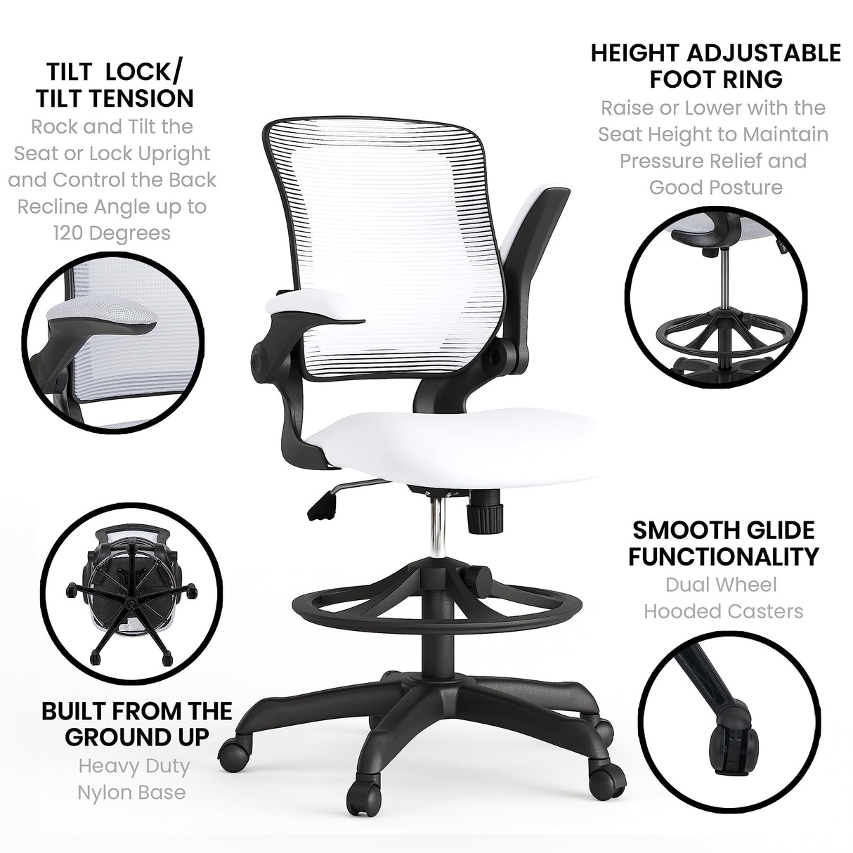 Flash Furniture Kale Mid-Back White Mesh Ergonomic Drafting Chair | Adjustable Foot Ring, Flip-Up Arms Flash Furniture