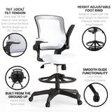 Flash Furniture Kale Mid-Back White Mesh Ergonomic Drafting Chair | Adjustable Foot Ring, Flip-Up Arms Flash Furniture