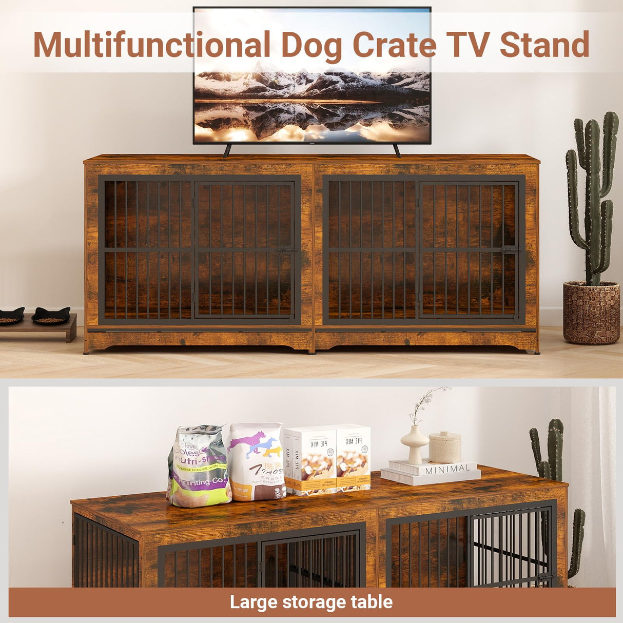 Yafylly 86 Inch Double Dog Crate Furniture with Divider, 4 Combination Forms Large Dog Kennel Furniture for 2 Dogs, Rustic Brown Corner Dog Kennel for Small Medium Large Dogs Yafylly