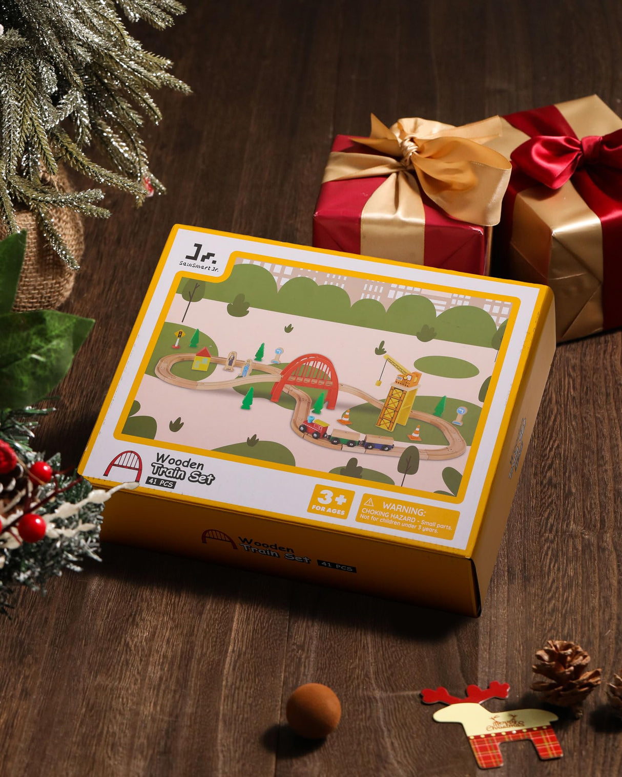 SainSmart Jr. 41 Pcs Deluxe Wooden Train Set for Toddler, Wood Train Track w/Crane Fits Brio Thomas, Melissa and Doug for Kids Ages 3+ SainSmart Jr.