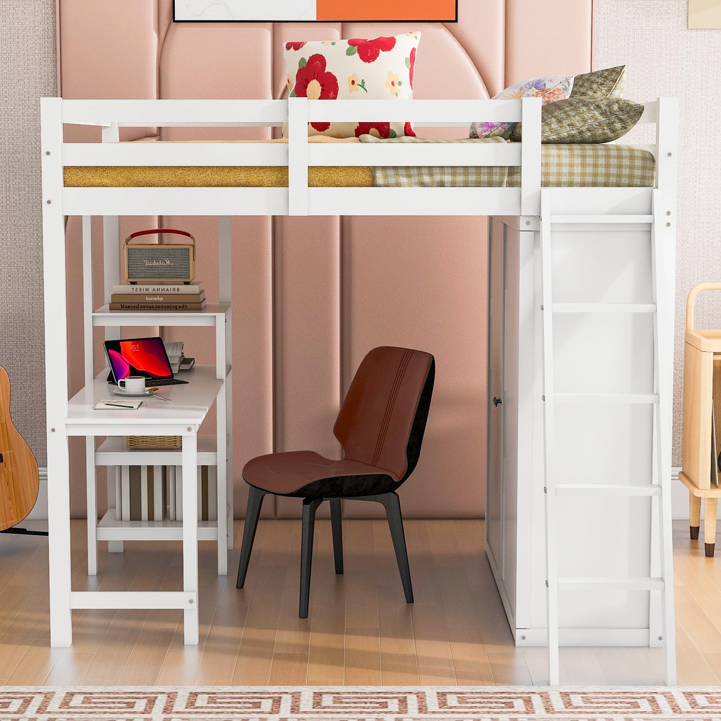 LostCat Full Size Loft Bed with Integrated Wardrobe and Desk in White - WoodArtSupply