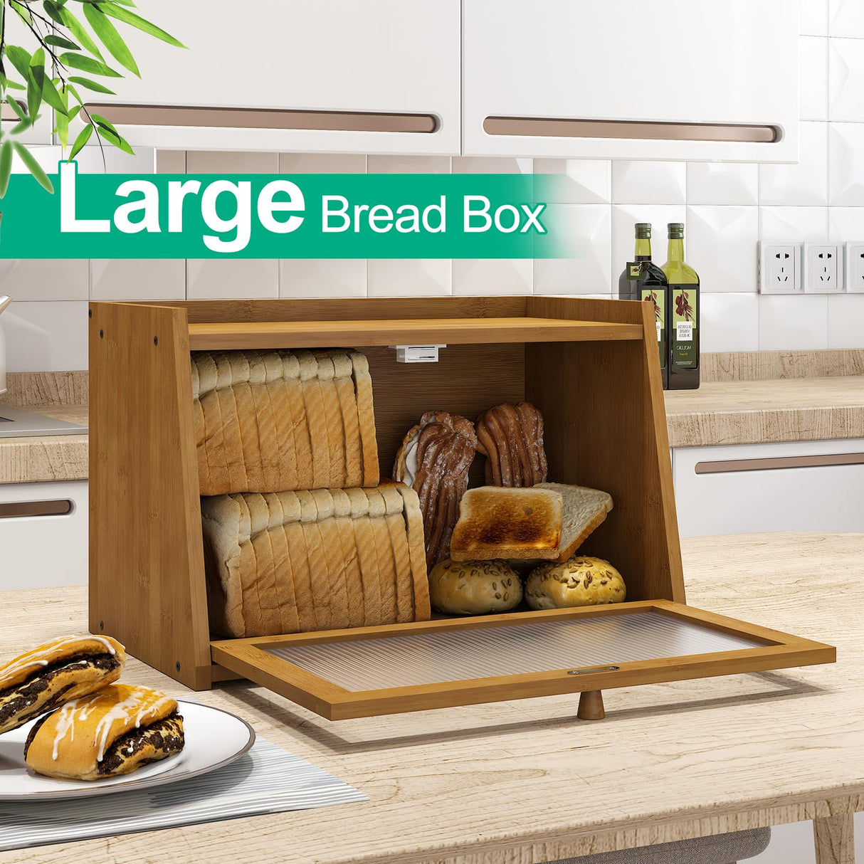kiplant Bread Box for Kitchen Counter, Large Bamboo Bread Storage Container with Wavy Arcylic Transparent Door, Bamboo Wooden Farmhouse Bread Box for Your House (Brown) kiplant