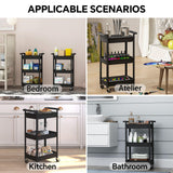 Steehoom 3-Tier Utility Rolling Cart with Cover Top Board, Mobile Utility Cart with Lockable Casters Multi-Functional Storage Trolley for Office, Bathroom, Kitchen, Garden, Laundry Room (Black) Steehoom