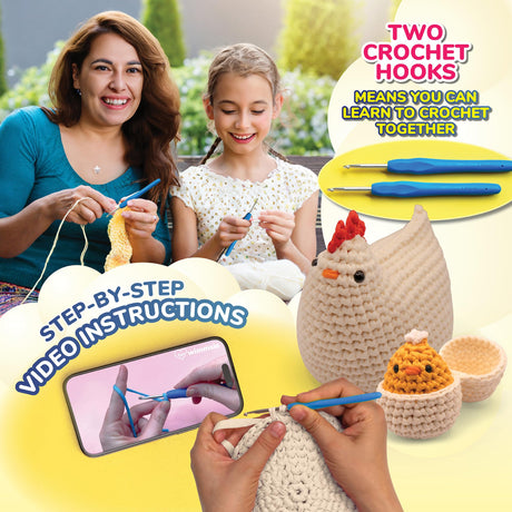 Wimmsie Crochet Animal Kit for Beginners - Easy Beginner Crochet Kit for Kids - Amigurumi Chicken Chick & Egg - 3 Kawaii Stuffed Animals - Cute DIY Yarn Plush Wimmsie