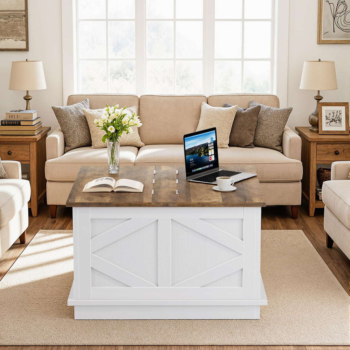 YESHOMY 31.5 inch Farmhouse Coffee Table, Coffee Tables for Living Room, Center Table with Flip-Top Lids, Large Storage Space (White) YESHOMY