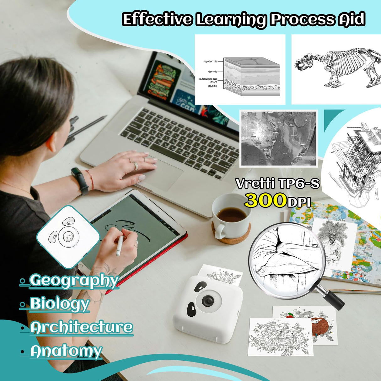 vretti Portable Thermal Printer,Bluetooth Mini Pocket Printer Compatible with Android & iOS,Wireless Pocket Picture Printer for iPhone Working Listing, Notes, Journal, Travel with 1 Rolls Paper. vretti