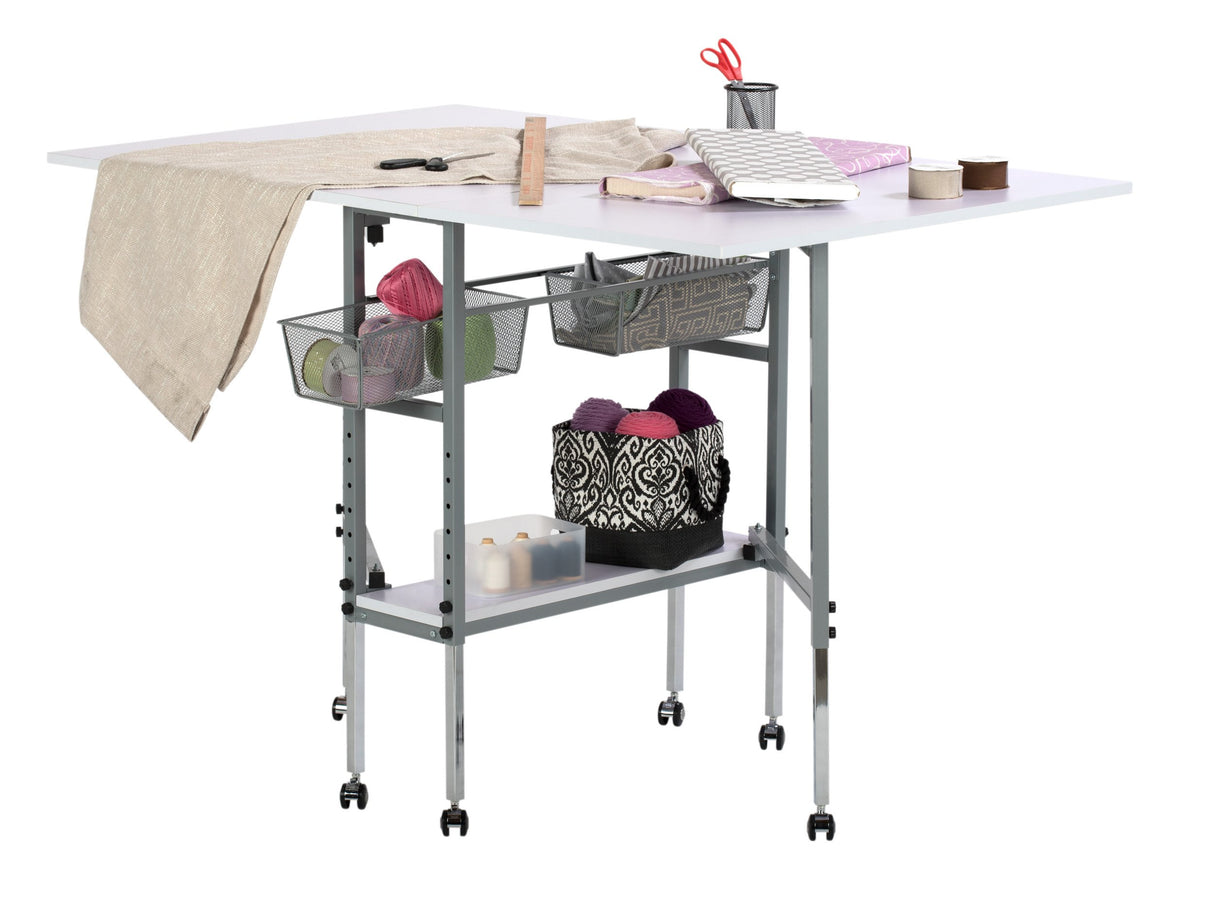 Sew Ready Hobby and Cutting Table - 58.75" W x 36.5" D White Arts and Crafts Table with 2 Mesh Storage Drawers, Silver/White Sew Ready