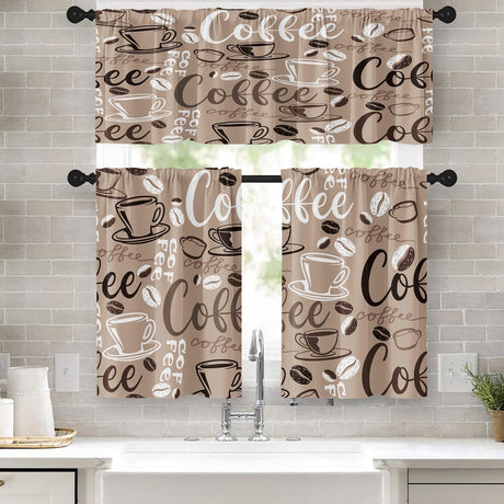 Tayney Coffee Kitchen Curtains Brown Window Curtains Valance and Tier Set 36 Inch, Farmhouse Rod Pocket Short Tier Curtain, Retro Vintage Small Cafe Curtains for Kitchen Decor Tayney