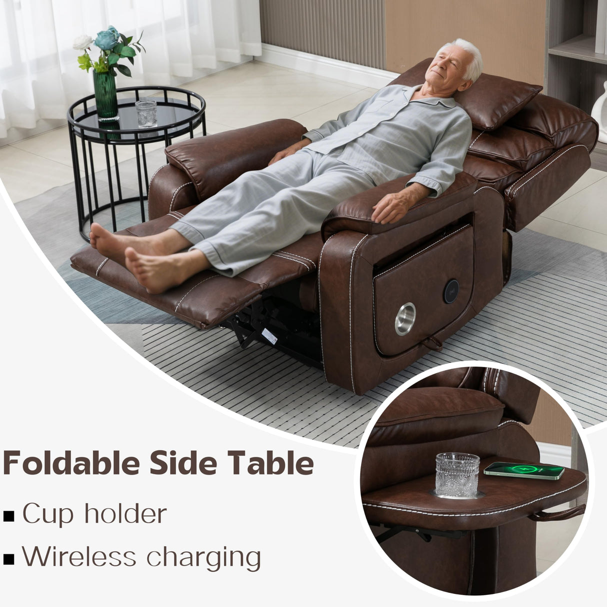 JIKFRIMA Power Lift Recliners Chairs for Elderly Adults Lay Flat Recliner with Heat & Massage, Wireless Charging Device, USB Ports, Cup Holder, Lumbar Pillow, 400Lbs（Faux Leather,Dark Brown） JIKFRIMA