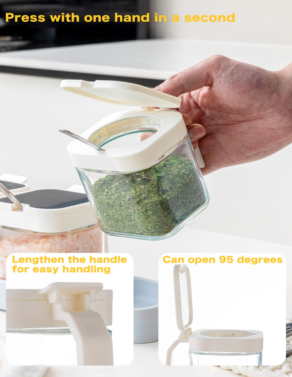 Mlici 8.6 oz Condiments Container Seasoning Jars, Kitchen Spicy Jars with Lids and Spoons, Tea Coffee Sugar Canisters Glass Spice Box, Set of 3, White Mlici