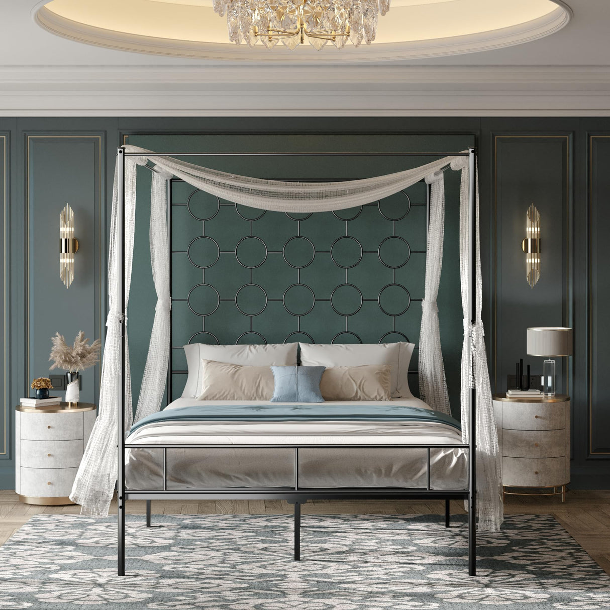 PAUKIN Black Metal Canopy Bed Frame Queen/Mattress Foundation with Steel Slat Support/No Box Spring Needed/Easy Assembly (Black, Queen) PAUKIN